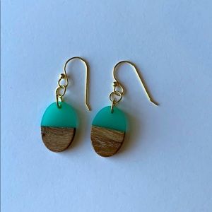 Teal Wood Oval Dangle Earrings